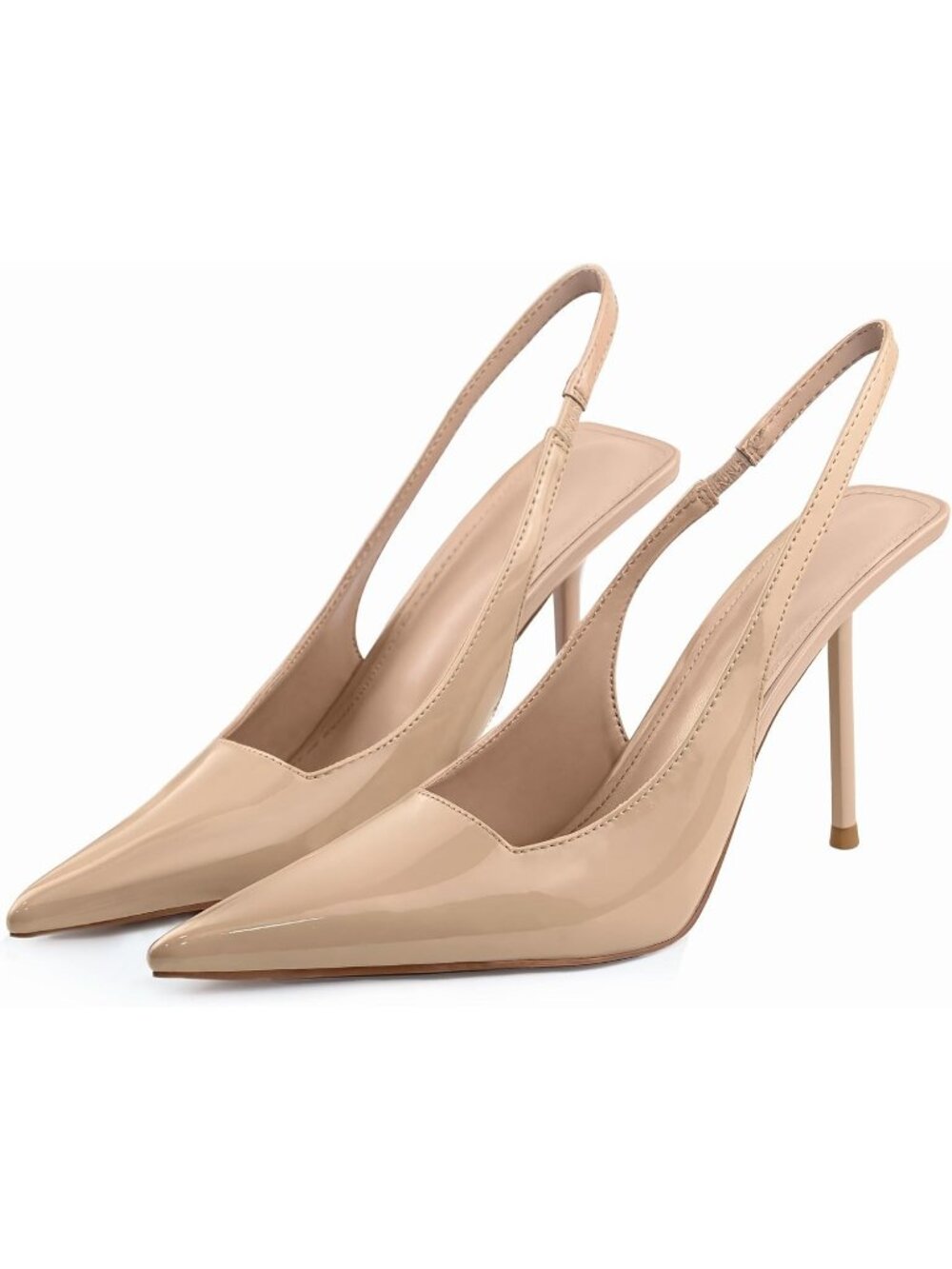 Women's Nude Faux Leather Pointed Toe Stiletto Stretch Backless High Heels